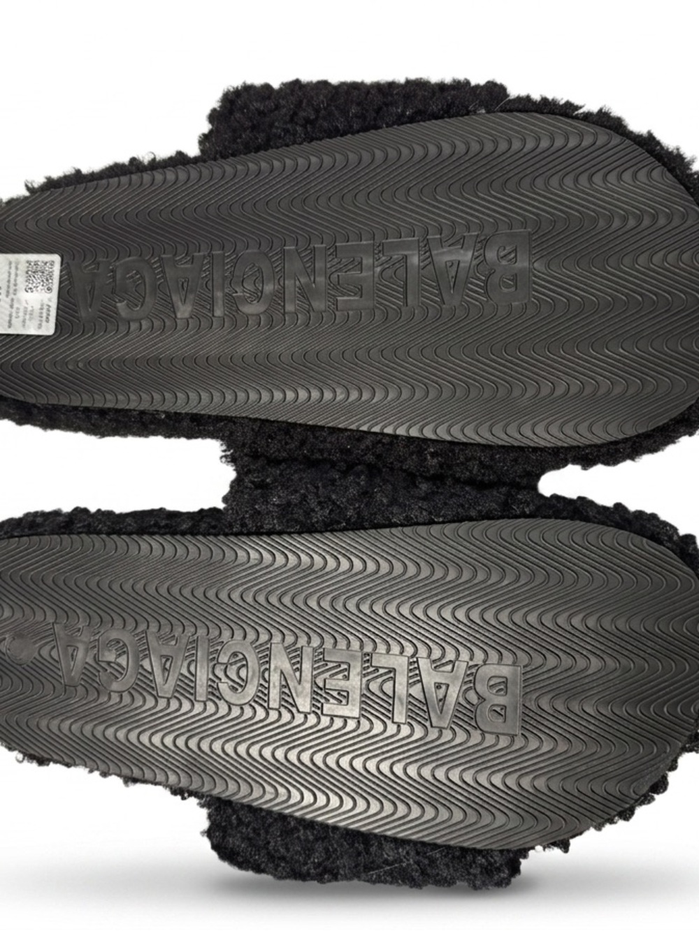 Balenciaga Black Sherpa Slides with Red & White Logo Stripe - Picture 3 of 3